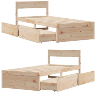 Eenpersoonsbed 90x190 cm - met 2x lade - massief grenenhout - met lattenbodem en hoofdbord