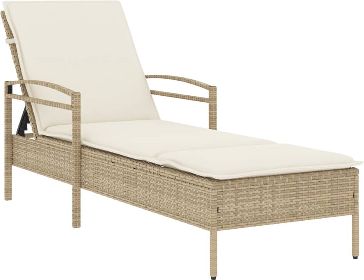 Ligbed met kussen - loungestoel - zonnebed - lengte 200 cm polyrattan - beige