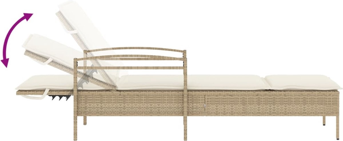 Ligbed met kussen - loungestoel - zonnebed - lengte 200 cm polyrattan - beige - Afbeelding 2