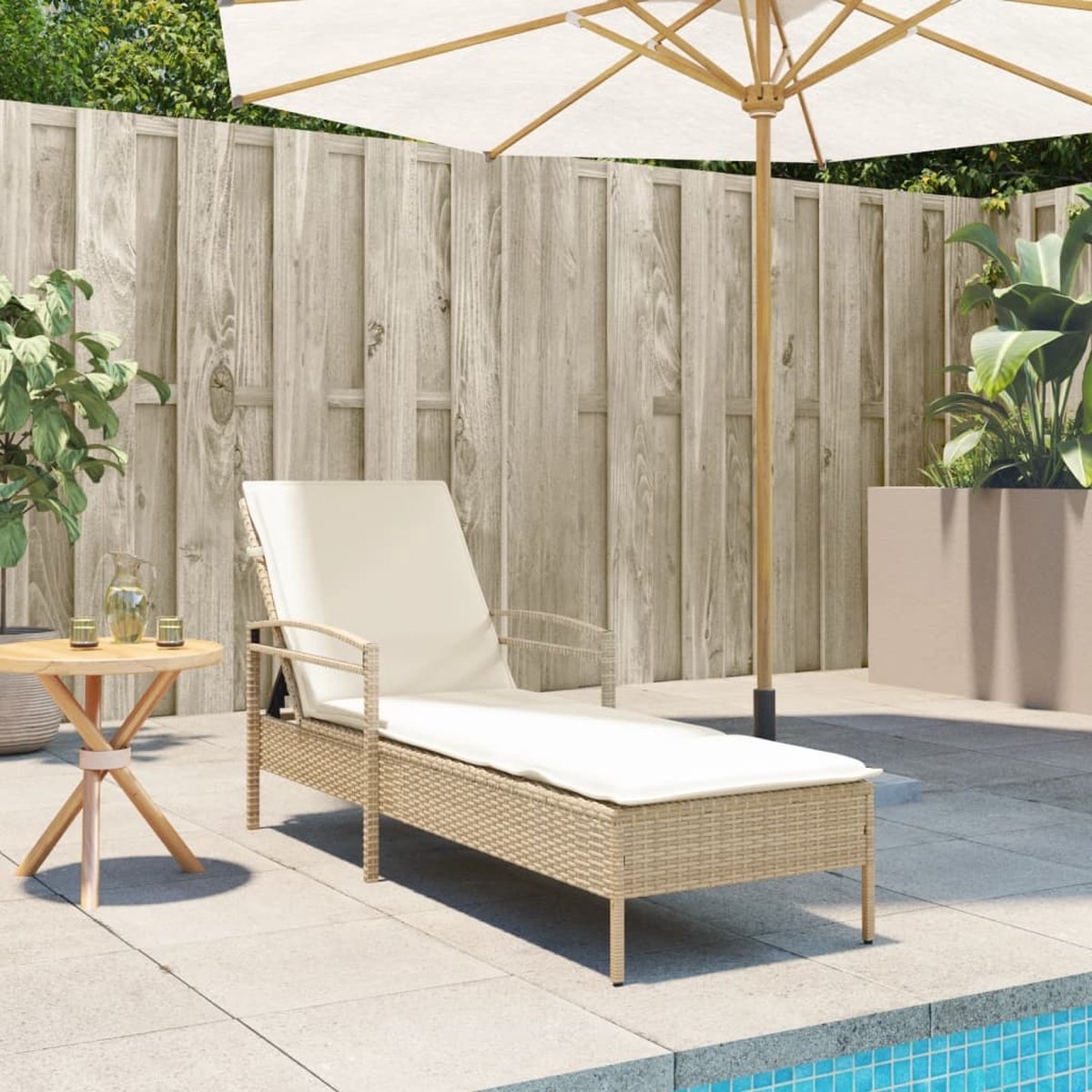 Ligbed met kussen - loungestoel - zonnebed - lengte 200 cm polyrattan - beige - Afbeelding 4