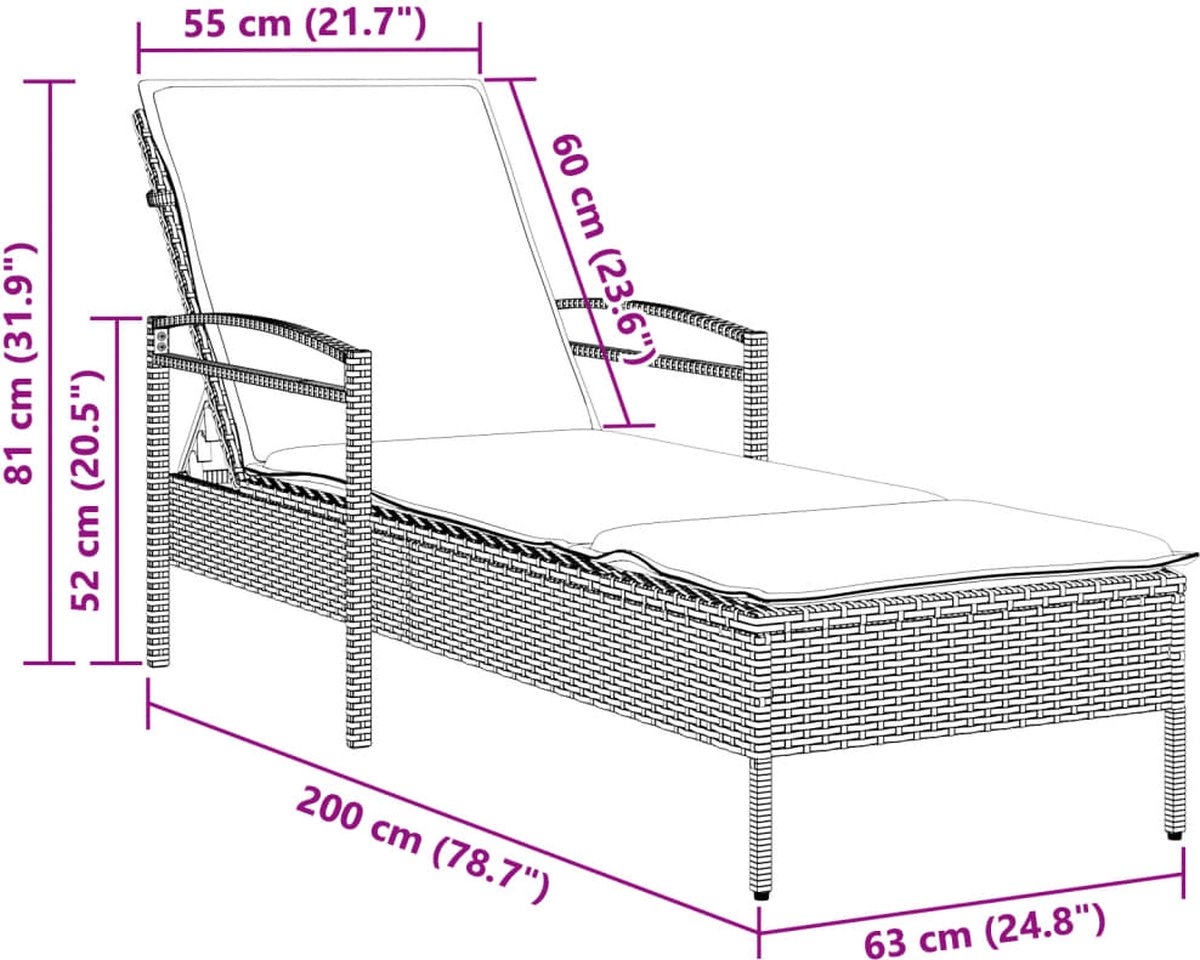 Ligbed met kussen - loungestoel - zonnebed - lengte 200 cm polyrattan - beige - Afbeelding 5
