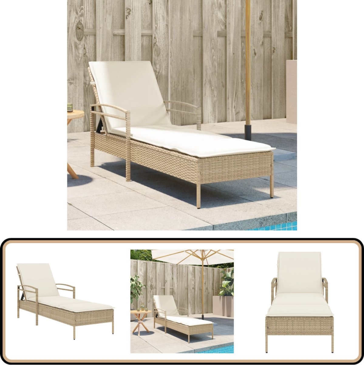 Ligbed met kussen - loungestoel - zonnebed - lengte 200 cm polyrattan - beige - Afbeelding 8