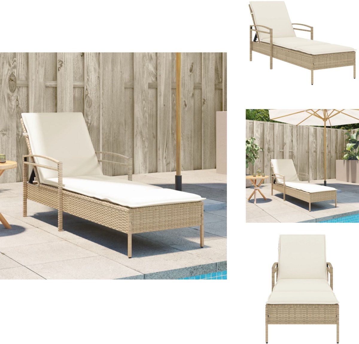 Ligbed met kussen - loungestoel - zonnebed - lengte 200 cm polyrattan - beige - Afbeelding 9