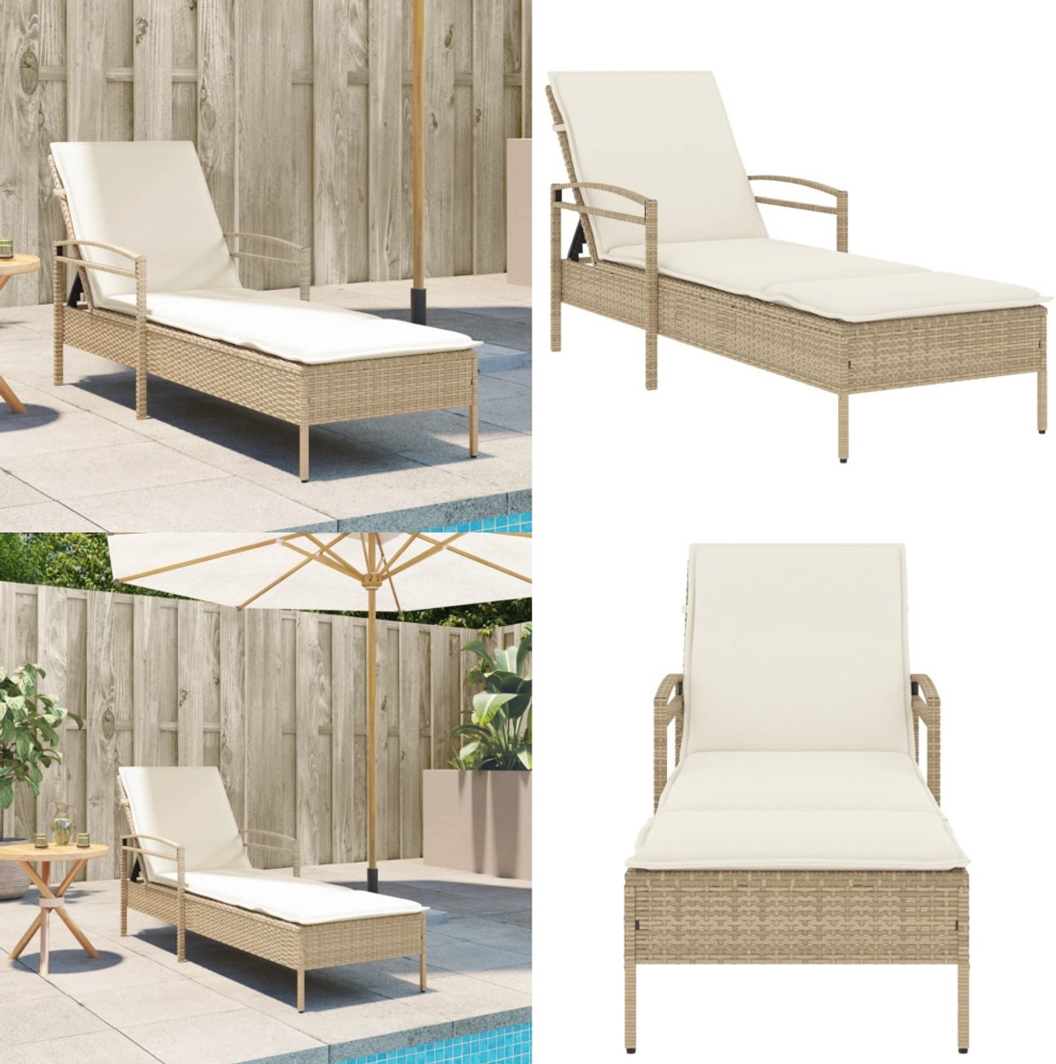 Ligbed met kussen - loungestoel - zonnebed - lengte 200 cm polyrattan - beige - Afbeelding 10