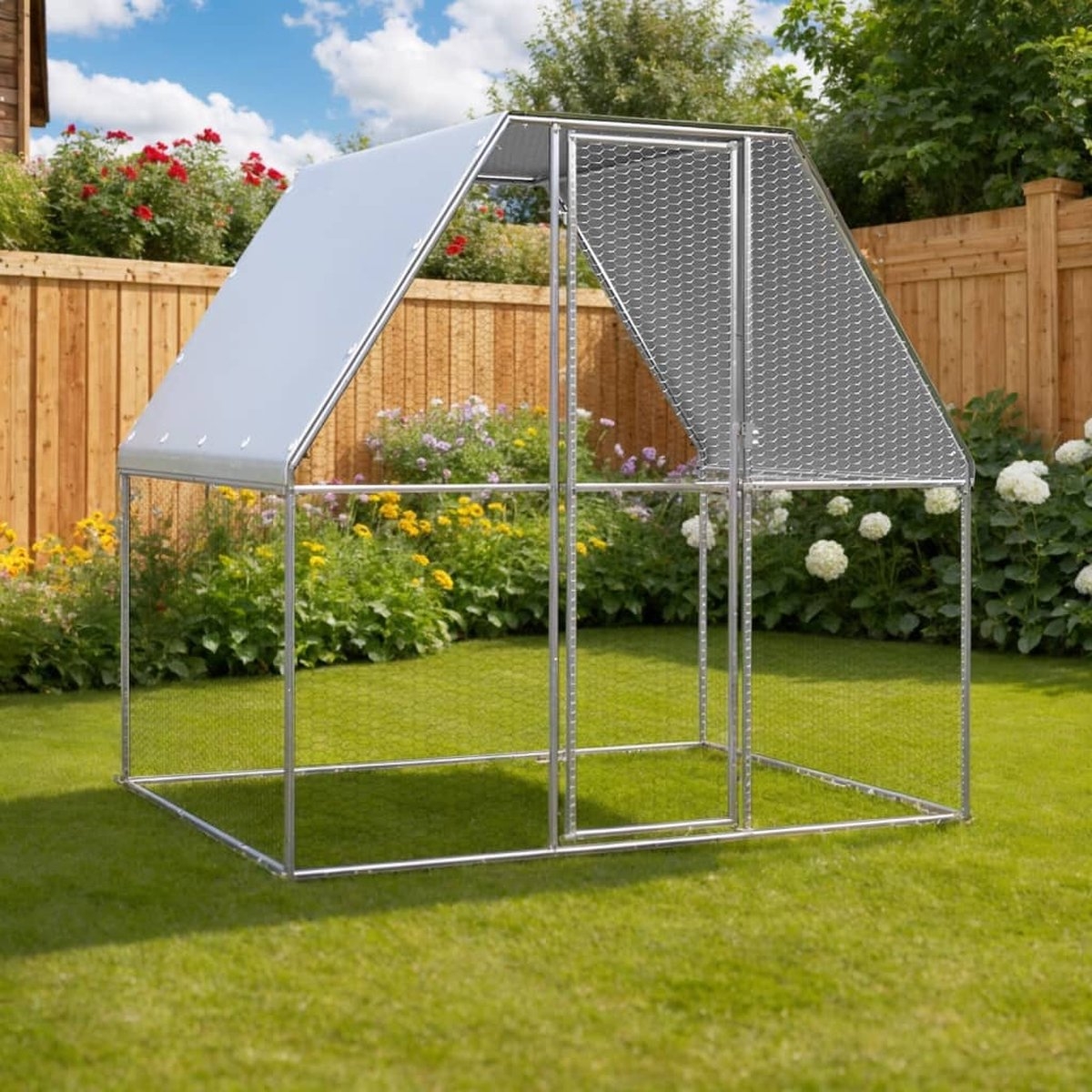 Kippenhok - kippenren - kippenkooi - 2x2x2 meter - gegalvaniseerd staal - zilver met grijs - Afbeelding 3