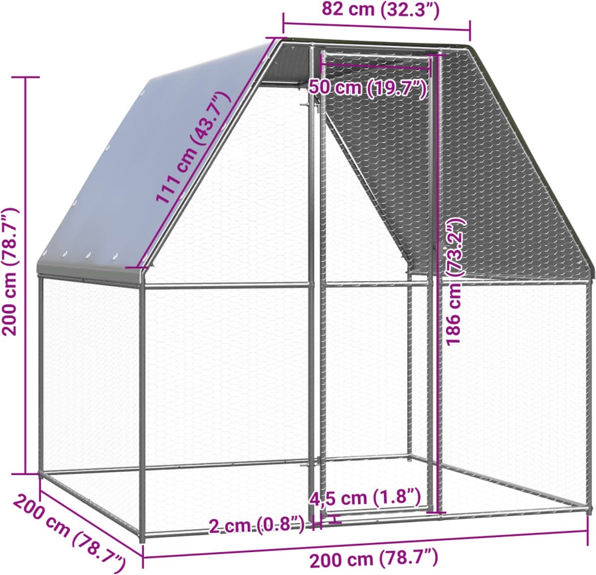 Kippenhok - kippenren - kippenkooi - 2x2x2 meter - gegalvaniseerd staal - zilver met grijs - Afbeelding 4