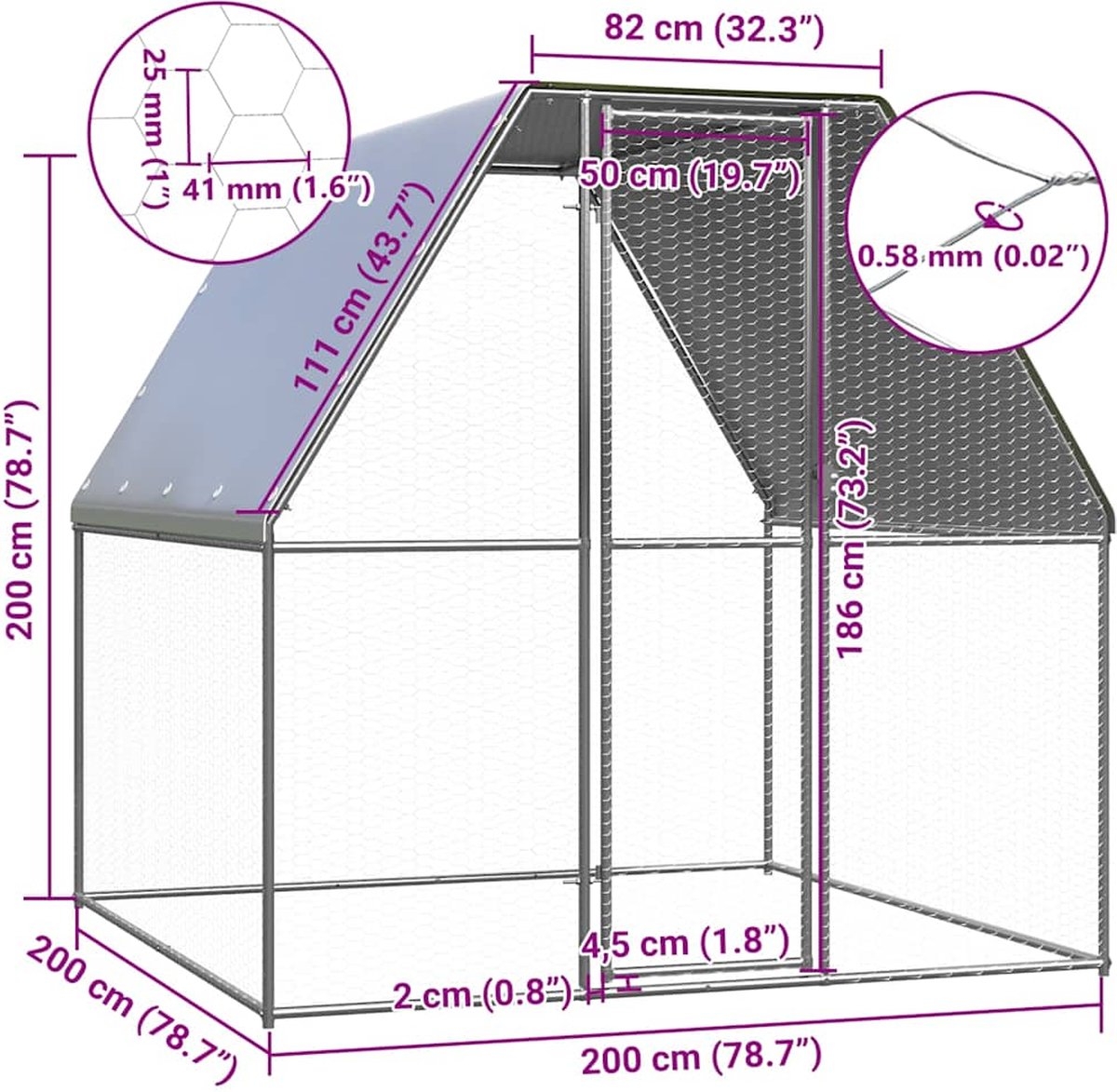 Kippenhok - kippenren - kippenkooi - 2x2x2 meter - gegalvaniseerd staal - zilver met grijs - Afbeelding 6