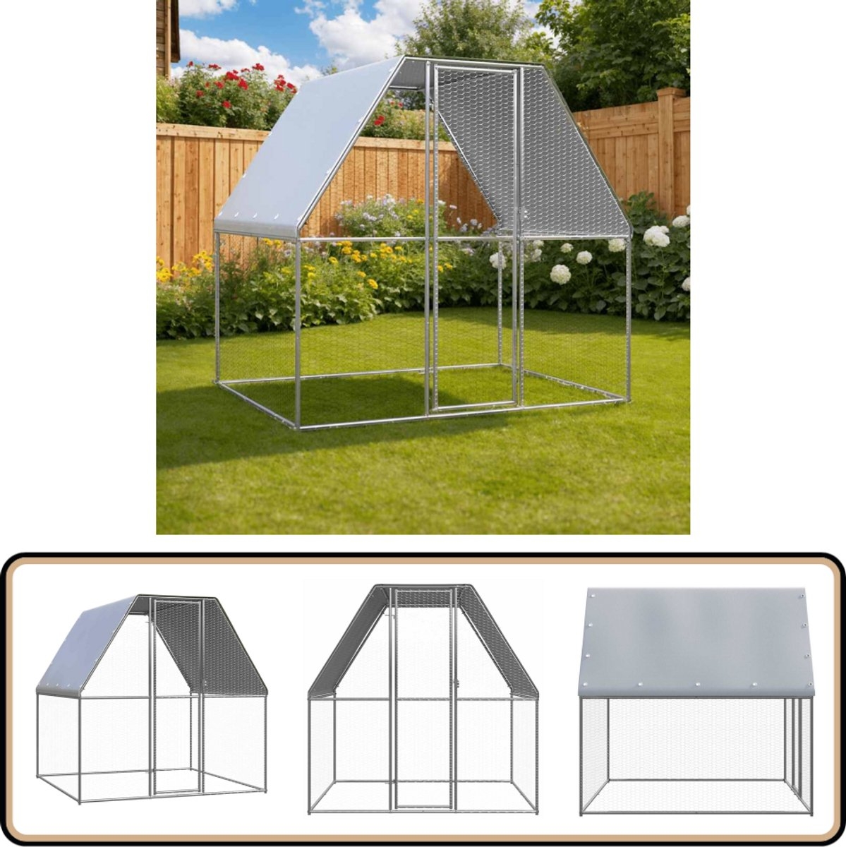 Kippenhok - kippenren - kippenkooi - 2x2x2 meter - gegalvaniseerd staal - zilver met grijs - Afbeelding 7