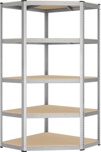 Stellingkast - hoekstelling 5 niveaus - metaal met MDF - hoogte 180 cm - draagvermogen tot 875 kg - zilverkleurig - GLR080E