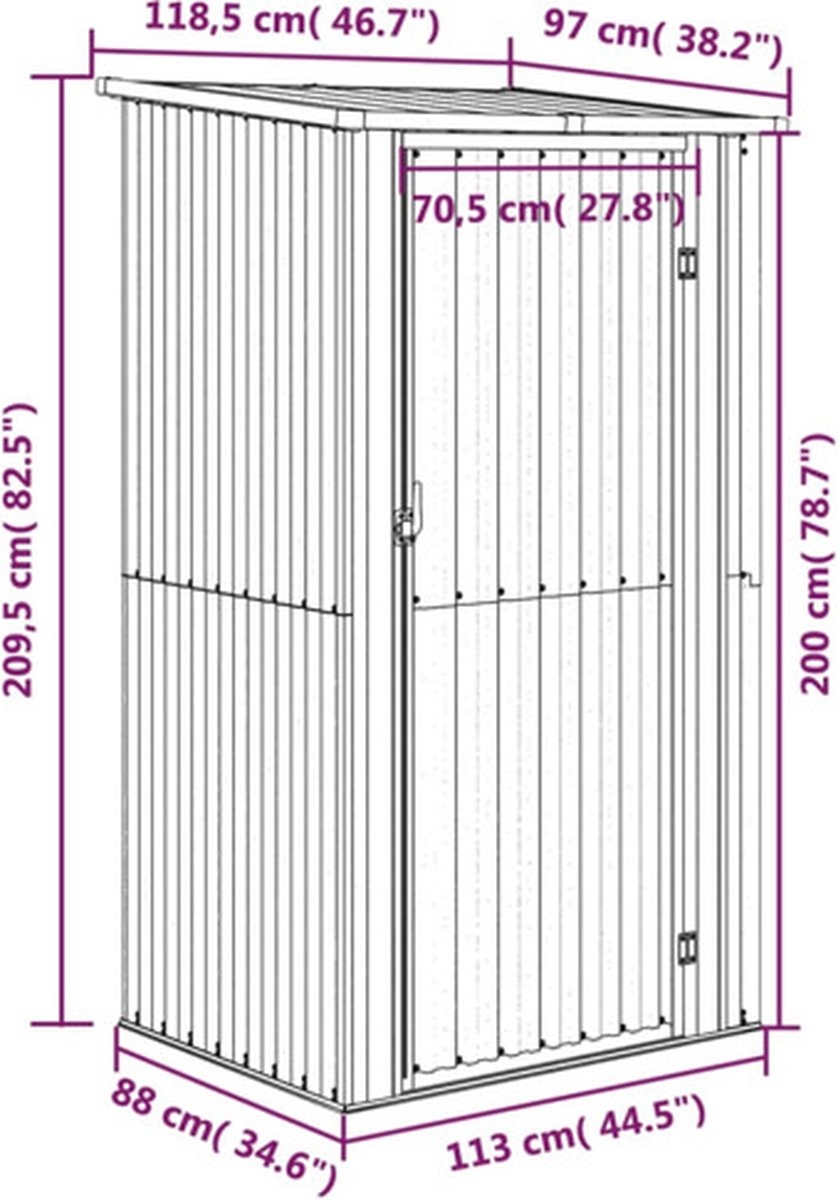 Tuinschuur - metaal - 118,5x97x209,5 - cm - gegalvaniseerd staal - antraciet - Afbeelding 3