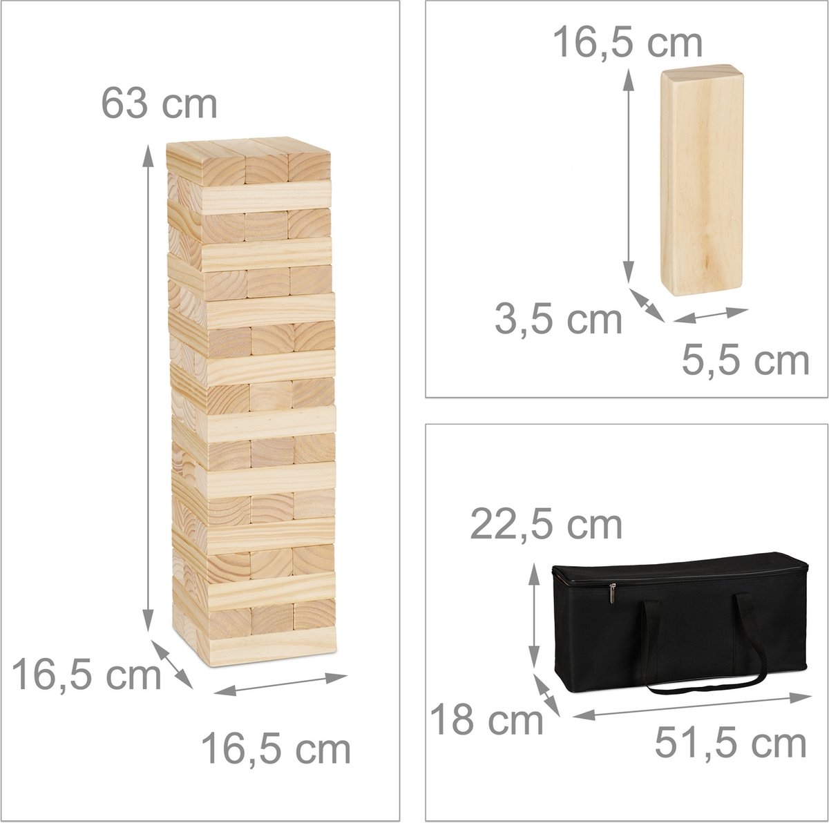 Vallende toren XL 63 cm hoog - evenwichtstoren Jenga stijl - binnen en buiten - met tas - 54 blokken - Afbeelding 3