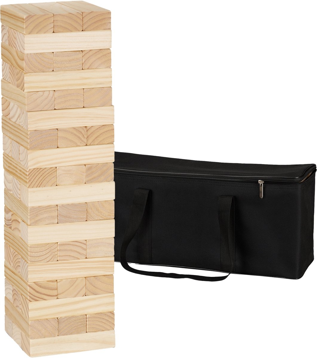 Vallende toren XL 63 cm hoog - evenwichtstoren Jenga stijl - binnen en buiten - met tas - 54 blokken