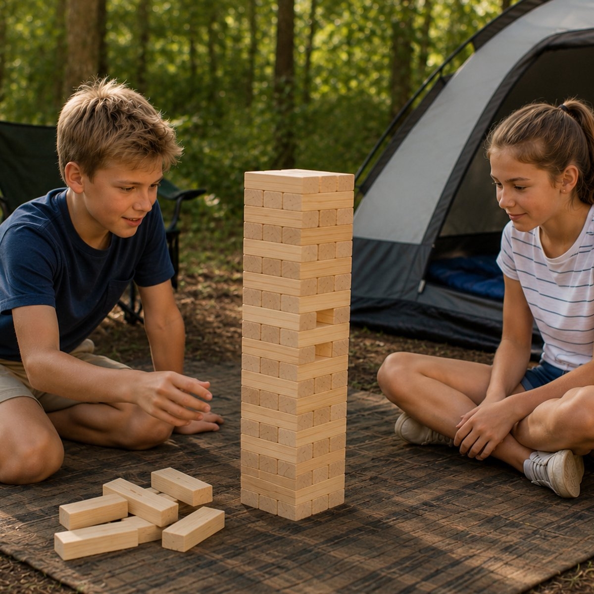 Vallende toren XL 63 cm hoog - evenwichtstoren Jenga stijl - binnen en buiten - met tas - 54 blokken - Afbeelding 5
