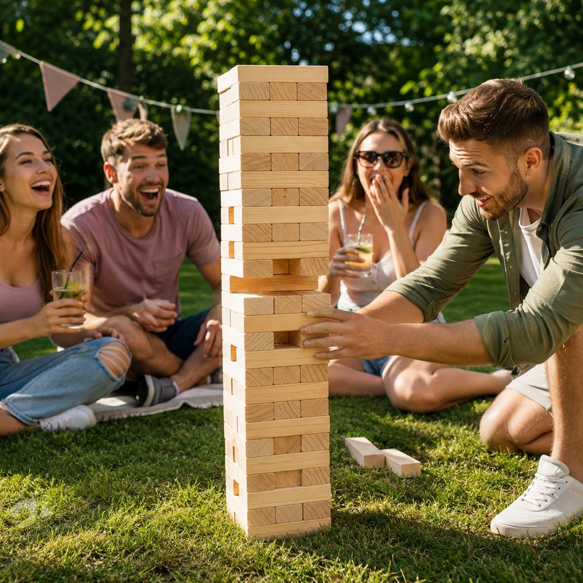 Vallende toren XL 63 cm hoog - evenwichtstoren Jenga stijl - binnen en buiten - met tas - 54 blokken - Afbeelding 6