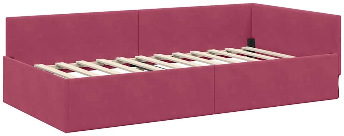 Eenpersoonsbed - hoekbed - bedframe - wijnrood - 90x190 cm - fluweel bekleding