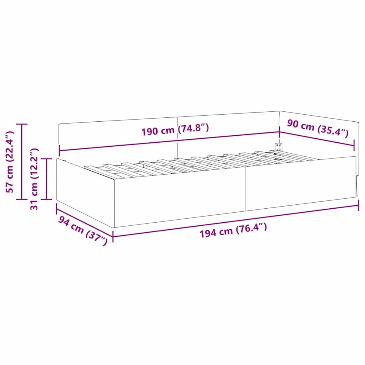 Eenpersoonsbed - hoekbed - bedframe - wijnrood - 90x190 cm - fluweel bekleding - Afbeelding 2