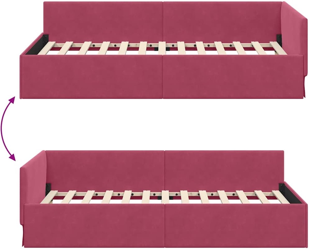 Eenpersoonsbed - hoekbed - bedframe - wijnrood - 90x190 cm - fluweel bekleding - Afbeelding 5