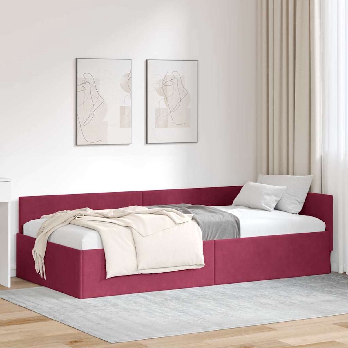 Eenpersoonsbed - hoekbed - bedframe - wijnrood - 90x190 cm - fluweel bekleding - Afbeelding 6