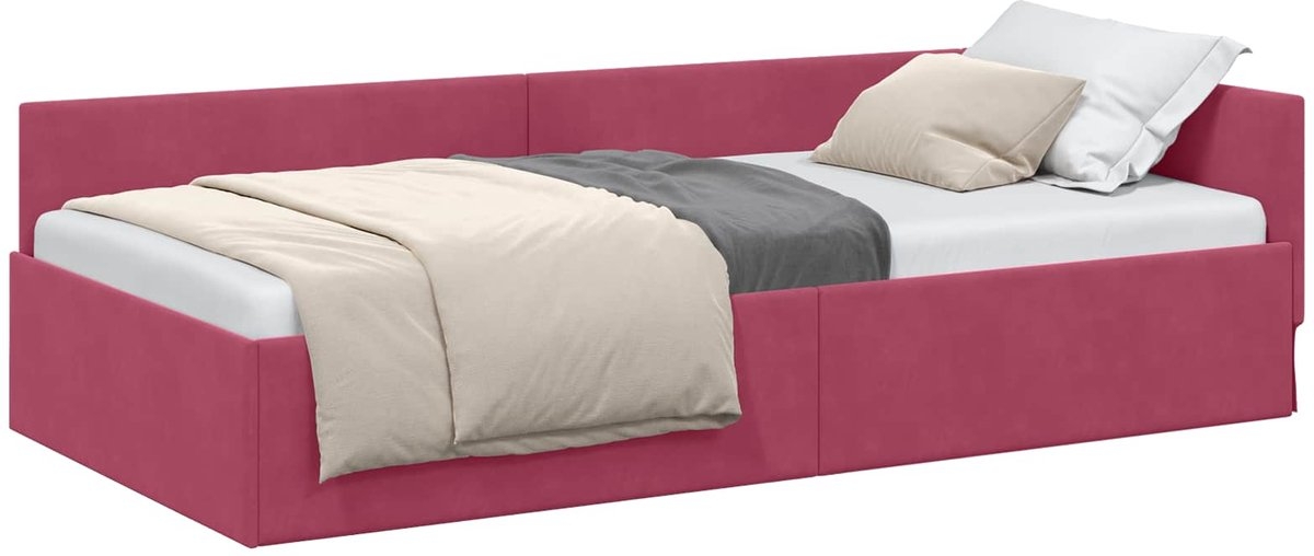 Eenpersoonsbed - hoekbed - bedframe - wijnrood - 90x190 cm - fluweel bekleding - Afbeelding 7