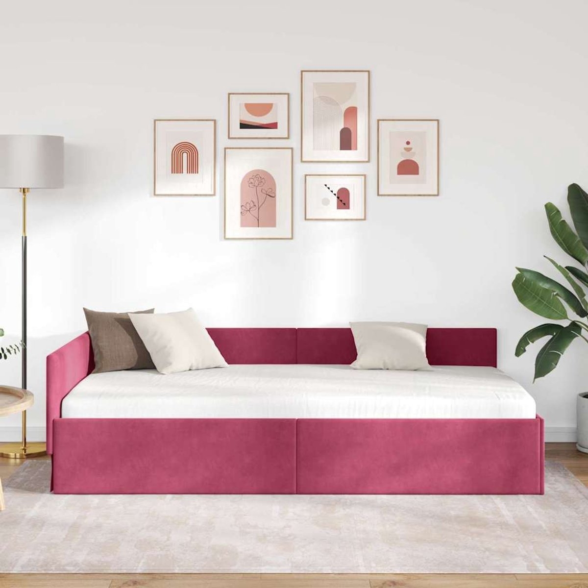 Eenpersoonsbed - hoekbed - bedframe - wijnrood - 90x190 cm - fluweel bekleding - Afbeelding 10