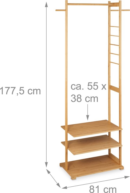 Kledingrek bamboe - 177,5x81x38 cm - 3 planken - 3 haken - slaapkamer - natuur - Afbeelding 2