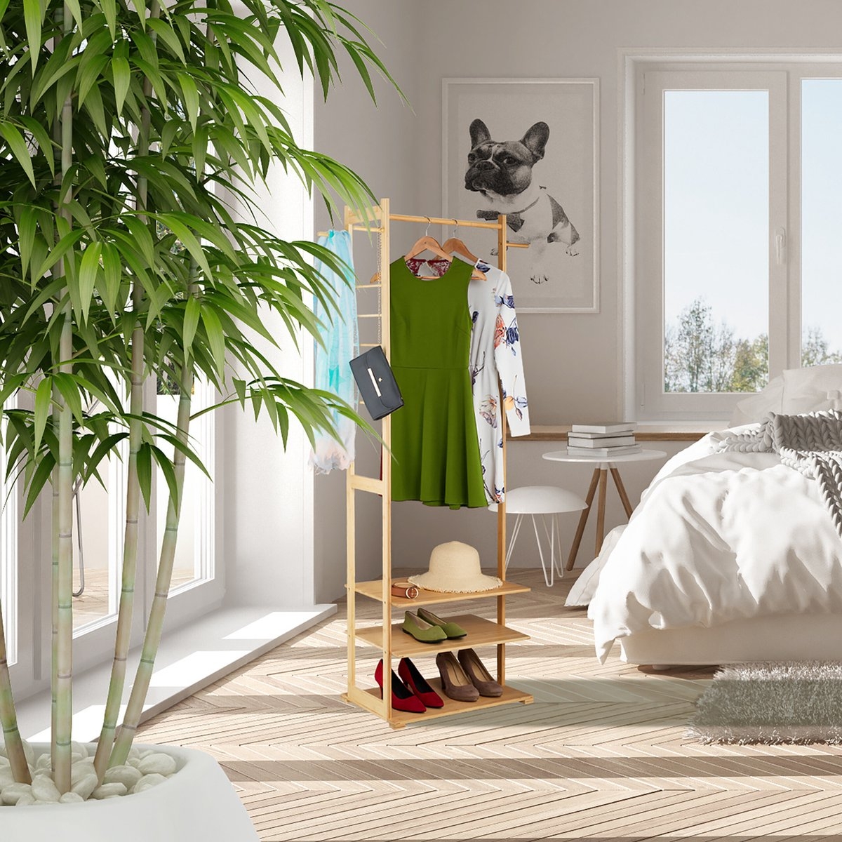 Kledingrek bamboe - 177,5x81x38 cm - 3 planken - 3 haken - slaapkamer - natuur - Afbeelding 5