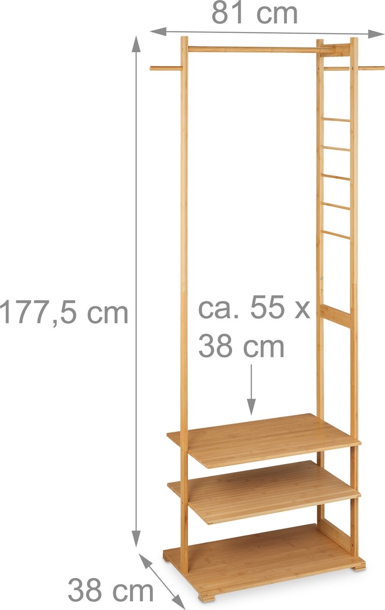 Kledingrek bamboe - 177,5x81x38 cm - 3 planken - 3 haken - slaapkamer - natuur - Afbeelding 7