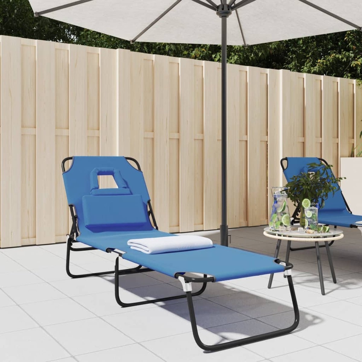 Lounegbed - zonnebed - Ligbed - 190 cm - inklapbaar - metaal met stof blauw - Afbeelding 4