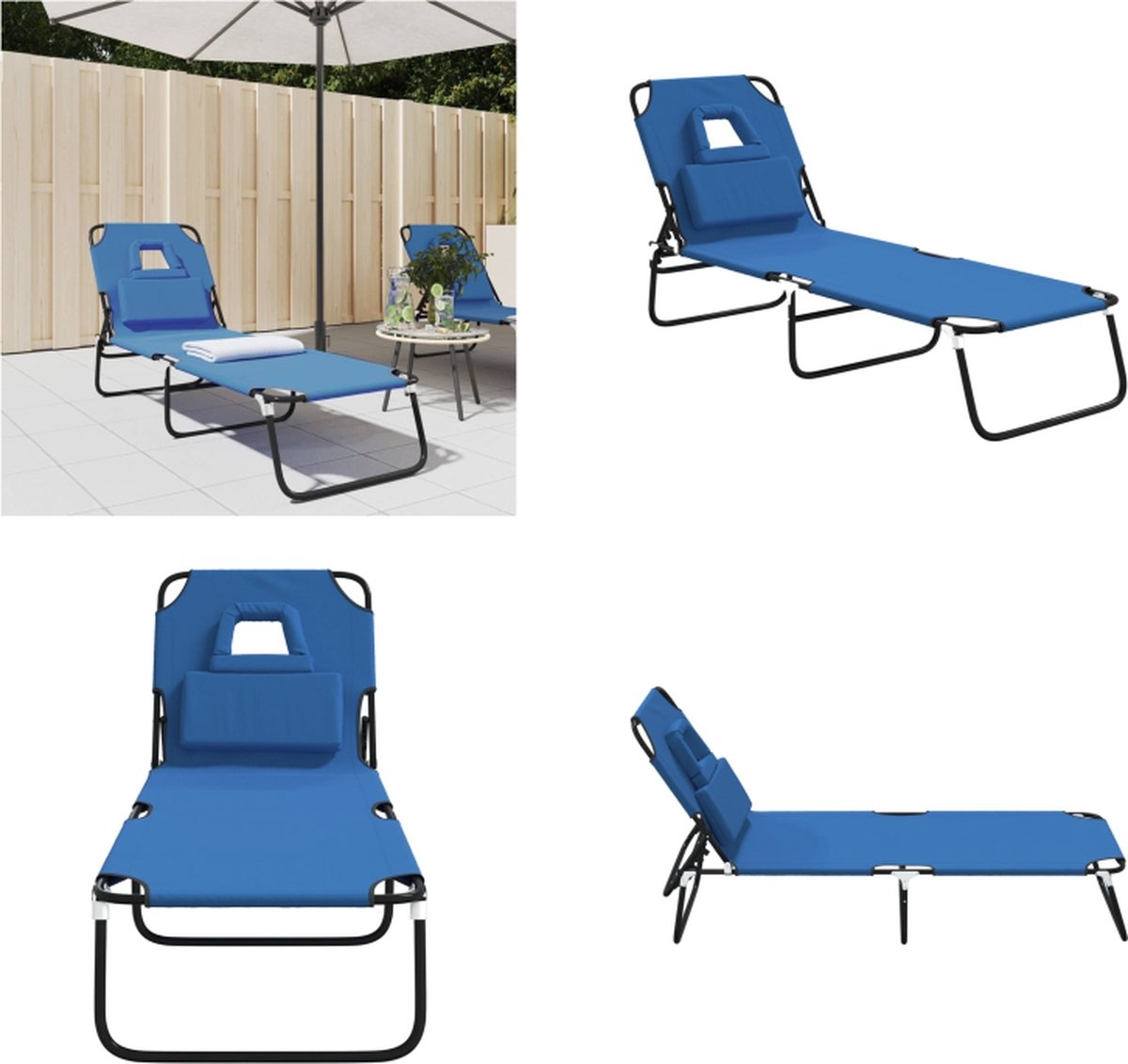 Lounegbed - zonnebed - Ligbed - 190 cm - inklapbaar - metaal met stof blauw - Afbeelding 5
