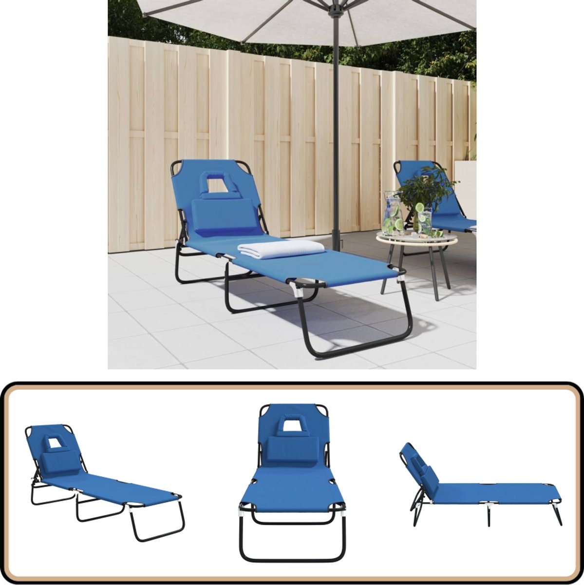 Lounegbed - zonnebed - Ligbed - 190 cm - inklapbaar - metaal met stof blauw - Afbeelding 7