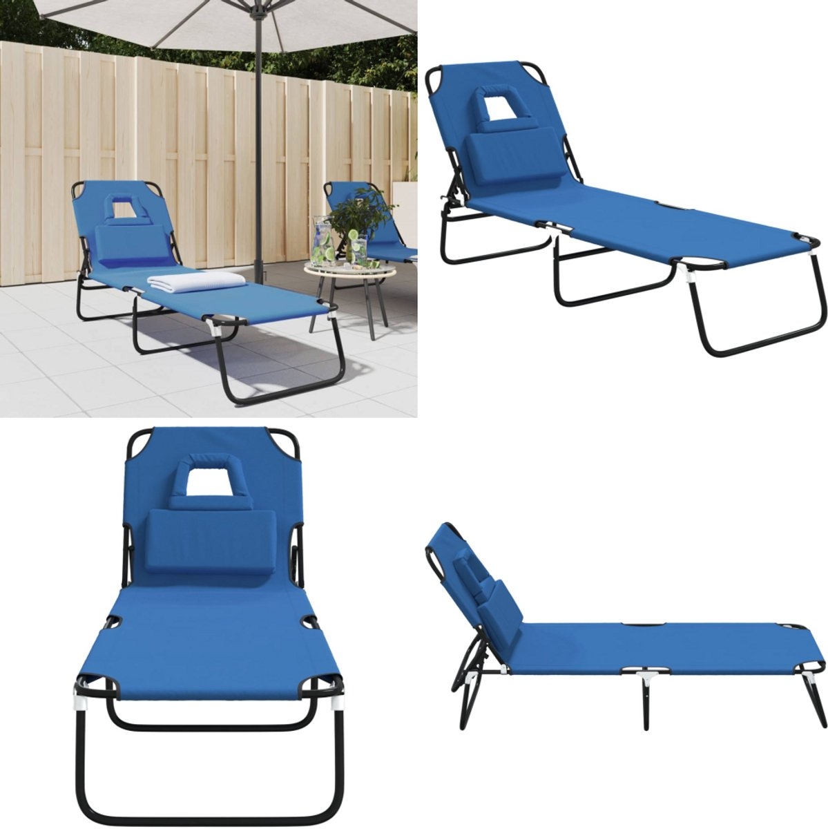 Lounegbed - zonnebed - Ligbed - 190 cm - inklapbaar - metaal met stof blauw - Afbeelding 8