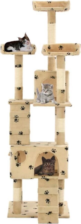 Kattenkrabpaal - hoogte 170 - cm - met ligplaatsen en slaapplekken en rustplekken - design met pootafdrukken - beige