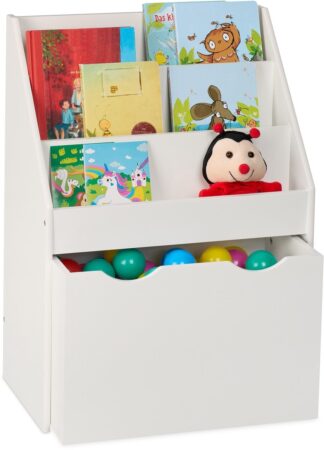 Boekenrek - opbergrek kinderkamer - 69,5x50 cm - speelgoedkist op wielen - wit