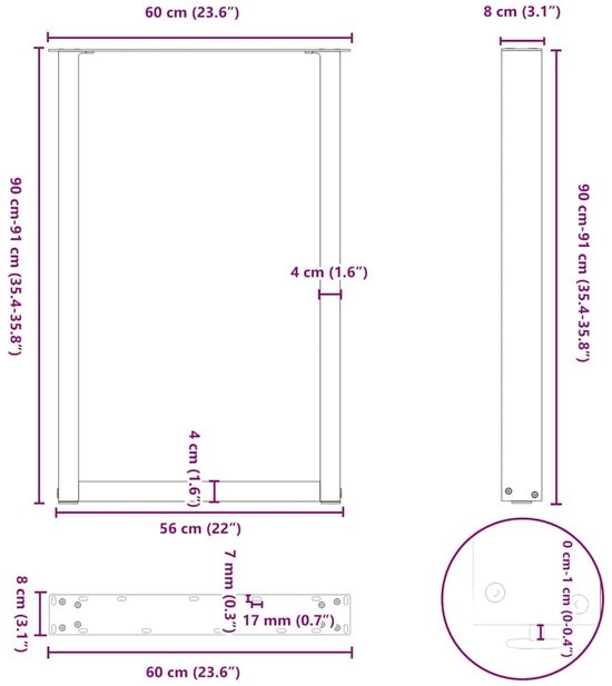 Set van 2 bartafelpoten - tafelpoten - U-vormig - 60x(90-91) cm - staal - naturel - Afbeelding 4