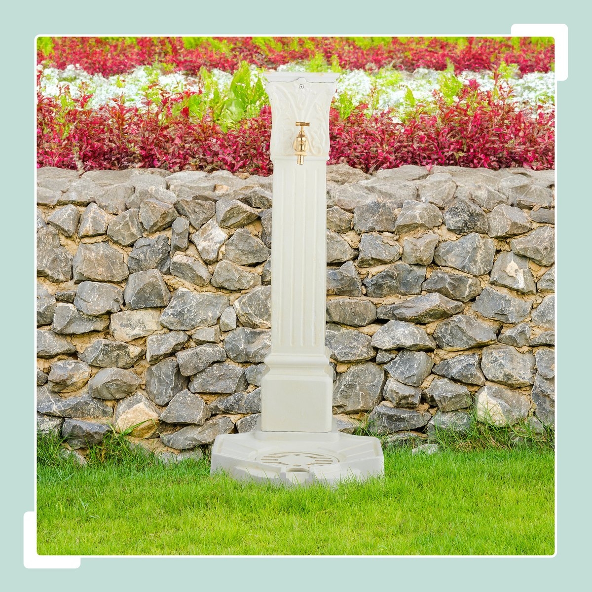 Waterzuil met kraan - hoogte 93 cm - tuinornament met buitenkraan en putje - wit - Afbeelding 3