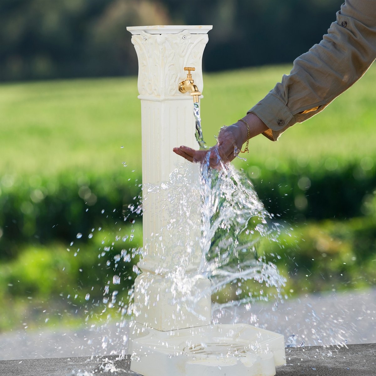 Waterzuil met kraan - hoogte 93 cm - tuinornament met buitenkraan en putje - wit - Afbeelding 5