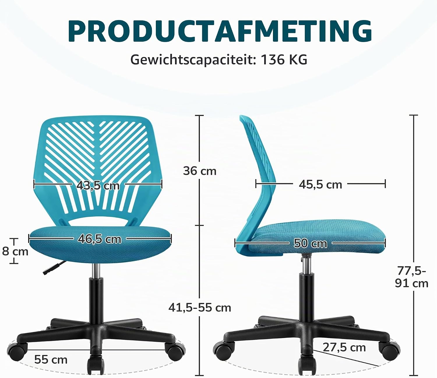 Bureaustoel draaibaar – mesh 50 x 55 x 79 cm - in hoogte verstelbaar – turquoise - Afbeelding 5