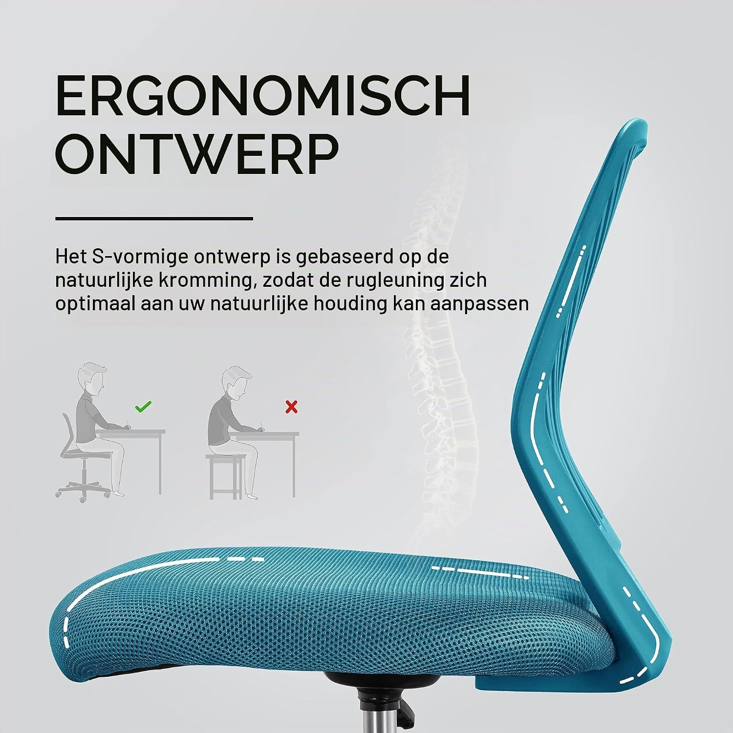 Bureaustoel draaibaar – mesh 50 x 55 x 79 cm - in hoogte verstelbaar – turquoise - Afbeelding 6