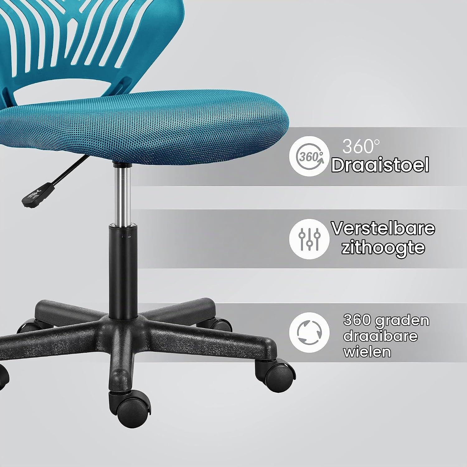 Bureaustoel draaibaar – mesh 50 x 55 x 79 cm - in hoogte verstelbaar – turquoise - Afbeelding 2