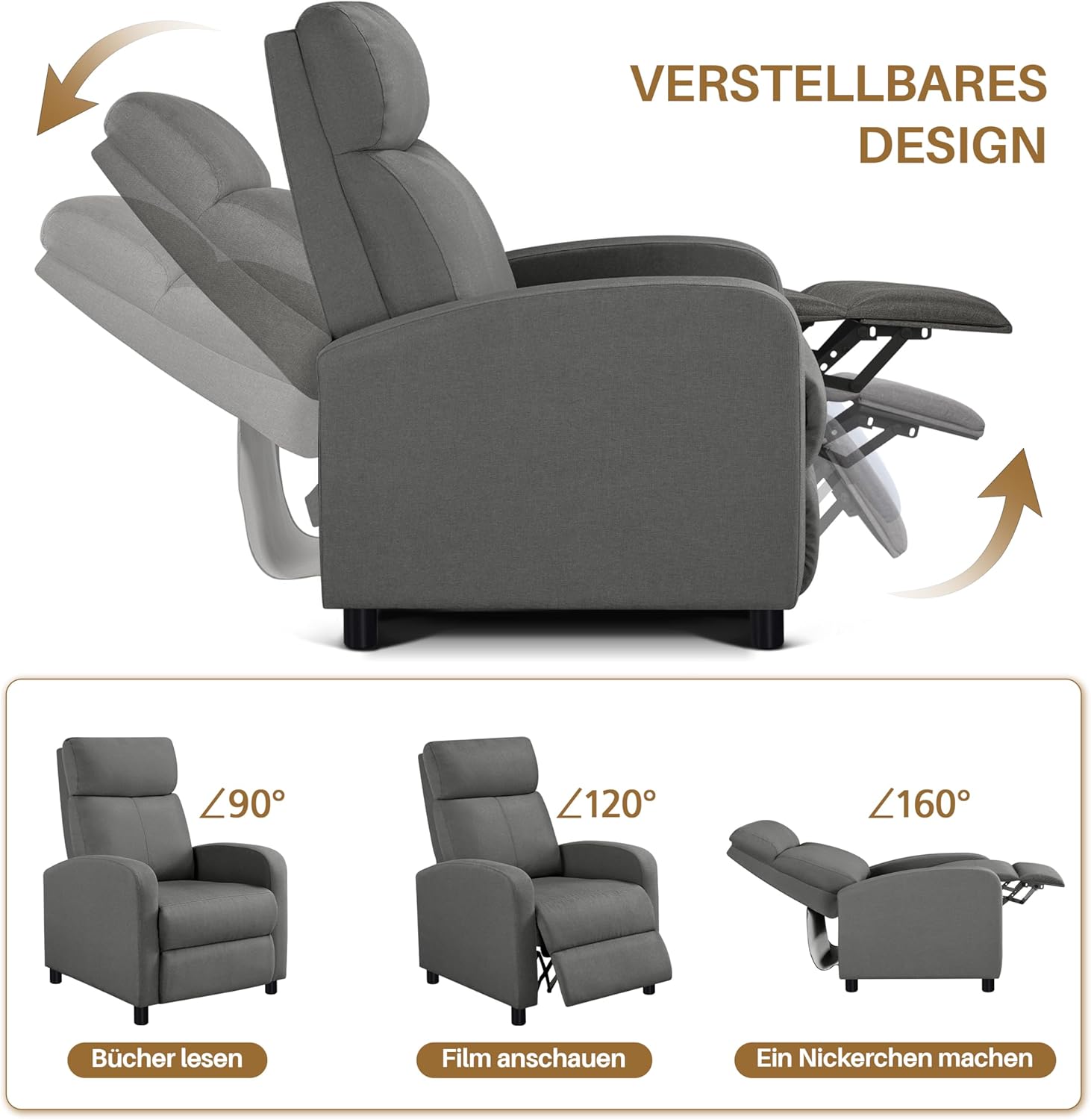 Relaxfauteuil - tv-stoel - met verstelbare voetensteun en rugleuning - grijs - Afbeelding 5