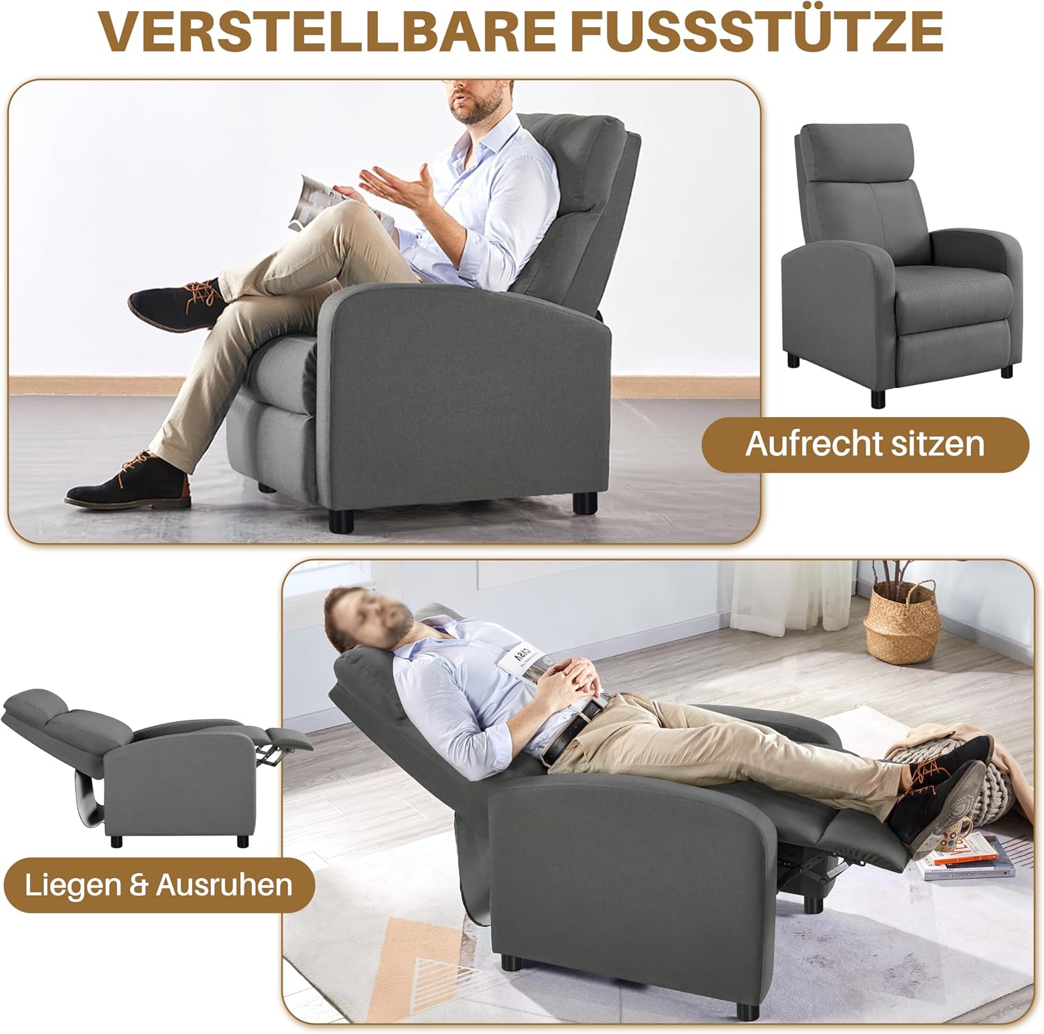 Relaxfauteuil - tv-stoel - met verstelbare voetensteun en rugleuning - grijs - Afbeelding 7
